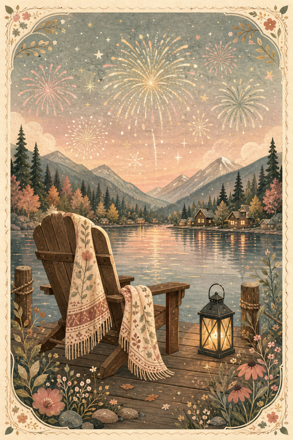 Lakeside Fireworks — artistic style 4th of july greeting card