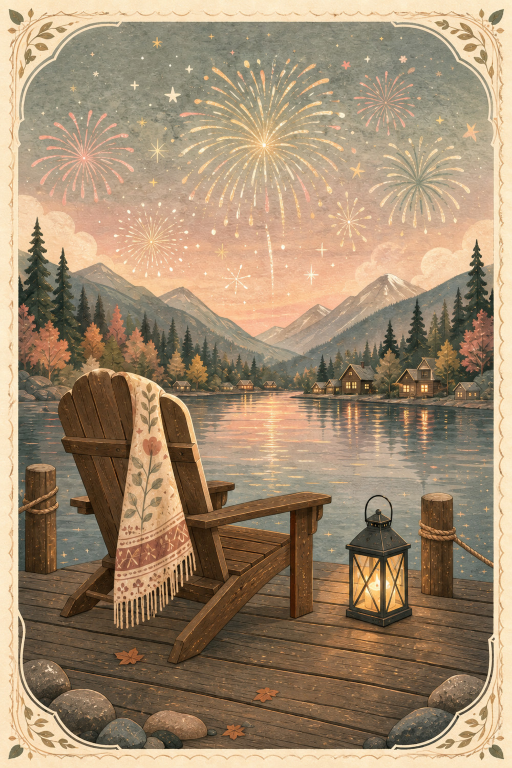 Lakeside Fireworks — artistic style 4th of july greeting card
