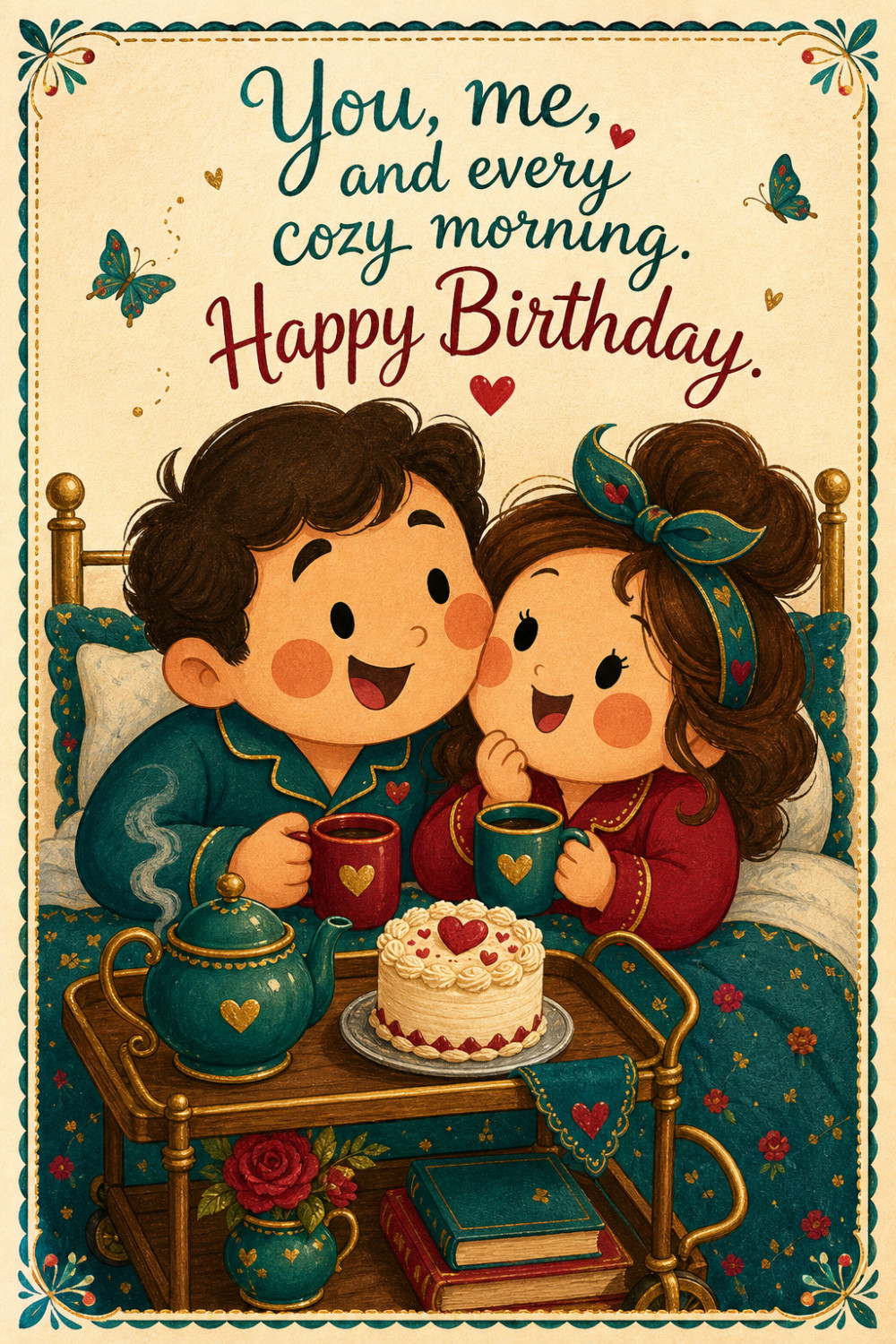 Cozy Morning — cartoon style birthday greeting card