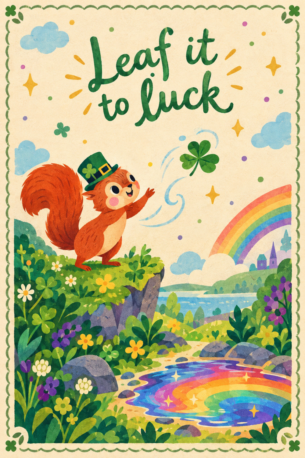 Lucky Squirrel — colorful style st. patrick's day greeting card