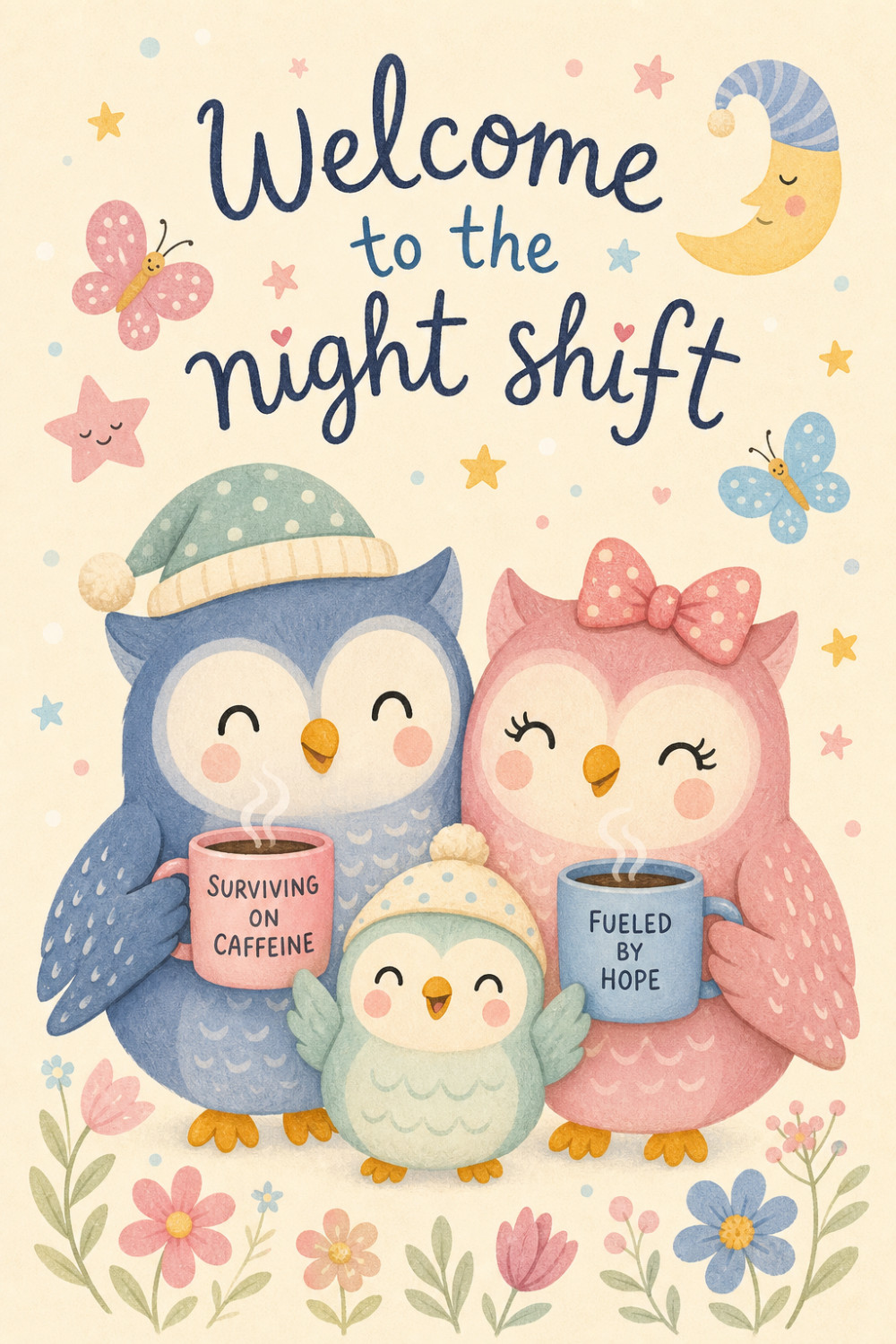 Tired Owls — colorful style new baby greeting card