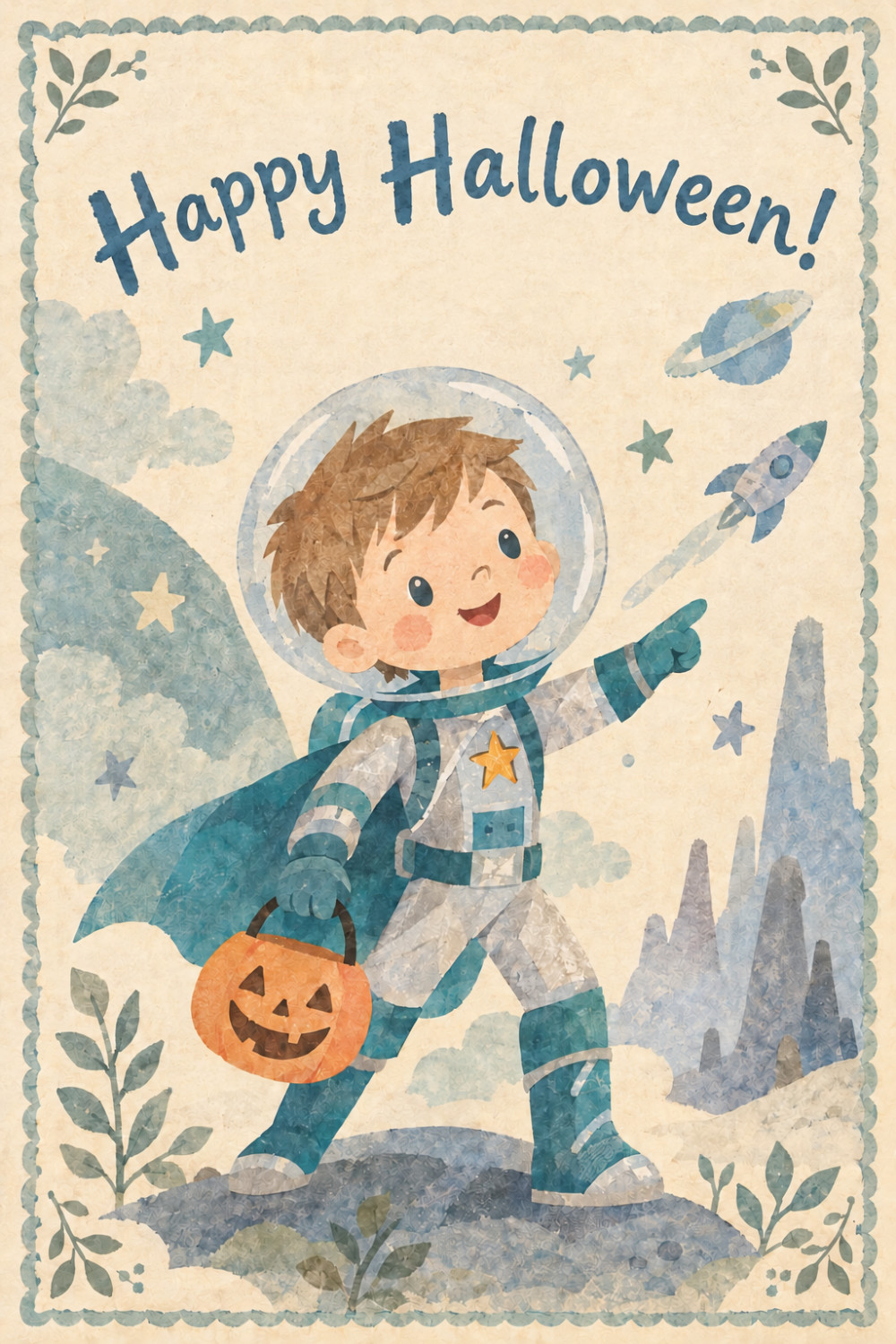 Rocket Trickster — artistic style halloween greeting card