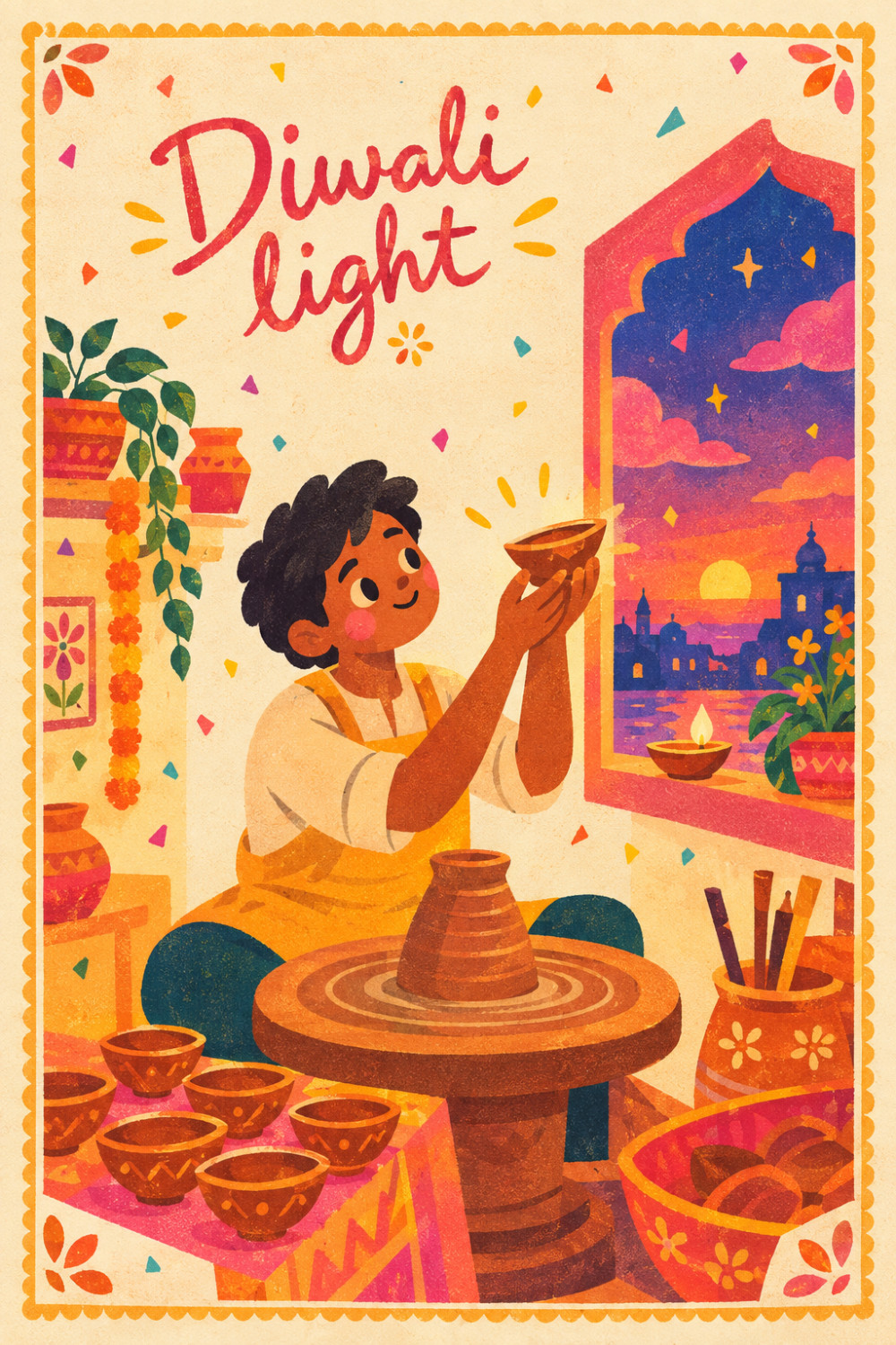Pottery Glow — colorful style diwali greeting card