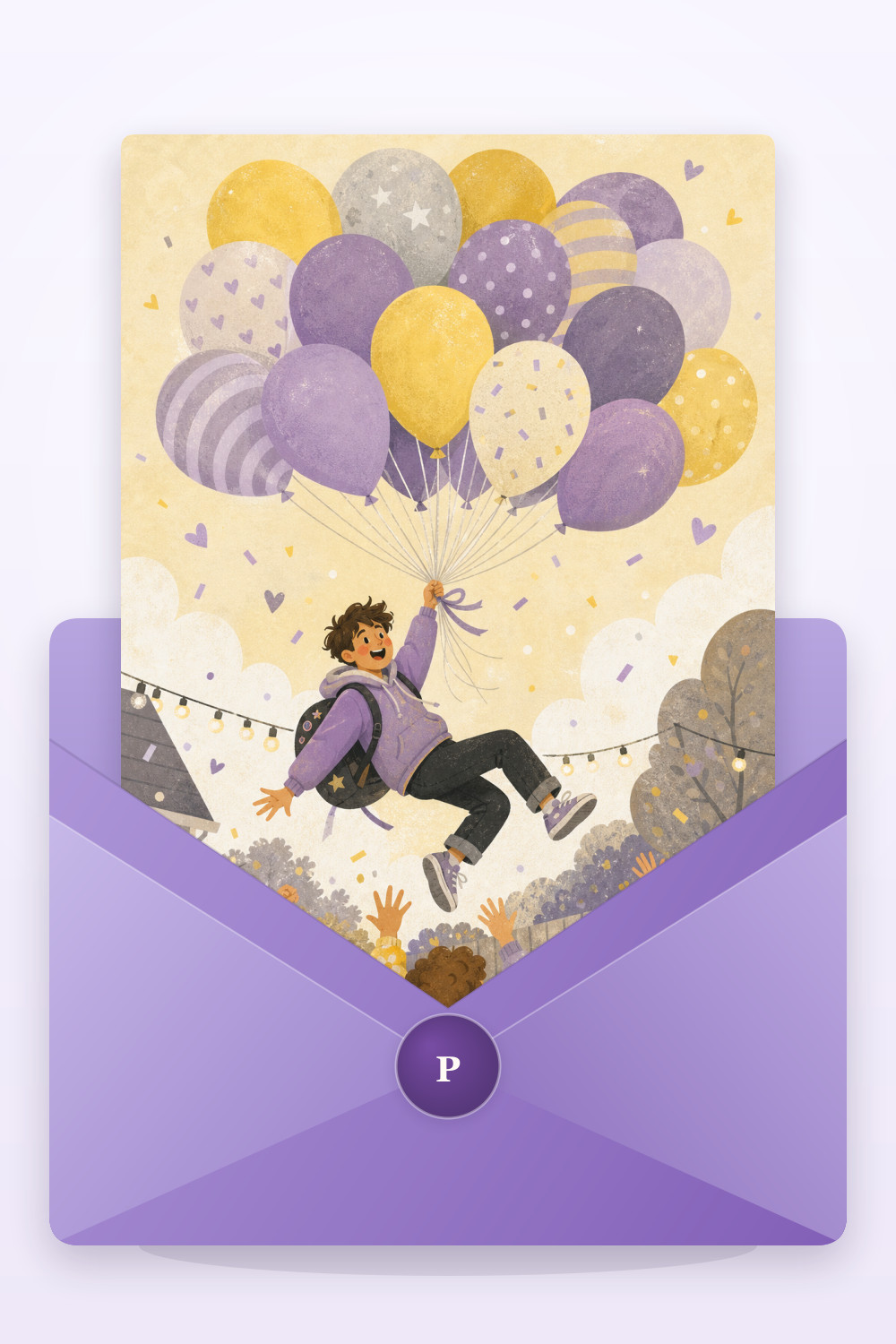 Balloon Lift — artistic style birthday greeting card