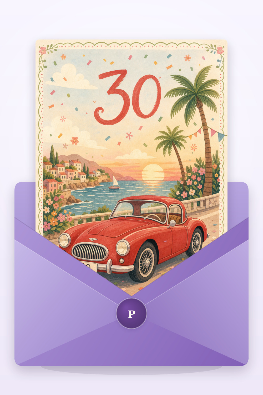 Sunset Drive — cartoon style birthday greeting card