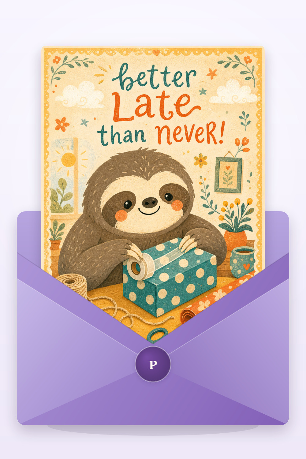 Sloth Wrapping — cartoon style birthday greeting card