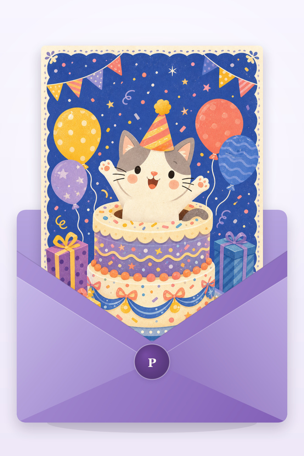 Mischievous Kitten — colorful style birthday greeting card