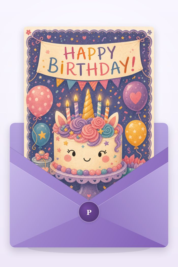 Magical Unicorn — cartoon style birthday greeting card
