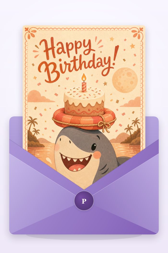 Shark Celebration — cartoon style birthday greeting card