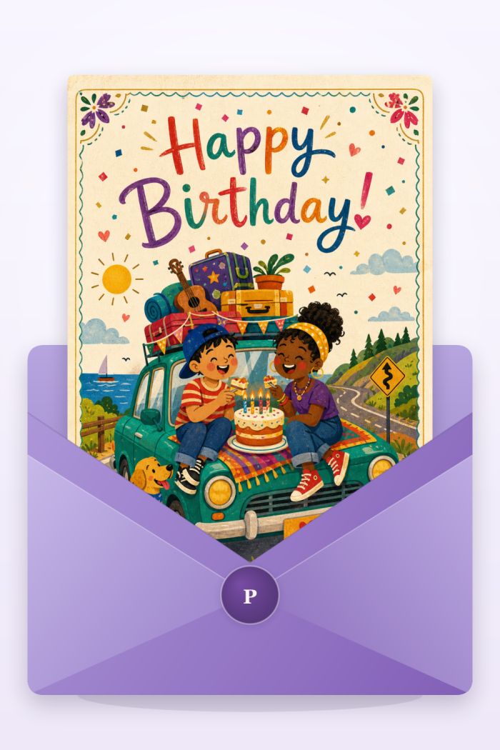 Road Trip — colorful style birthday greeting card