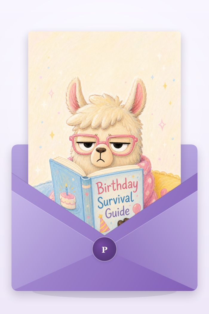 Llama Wisdom — cartoon style birthday greeting card