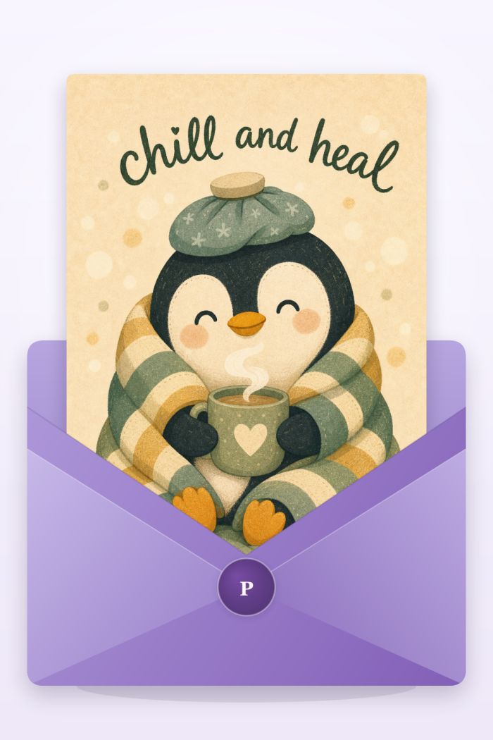 Cozy Penguin — cartoon style get well soon greeting card