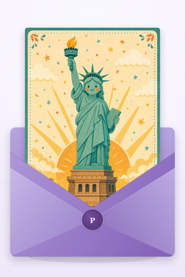 Liberty Sunrise — cartoon style 4th of july greeting card