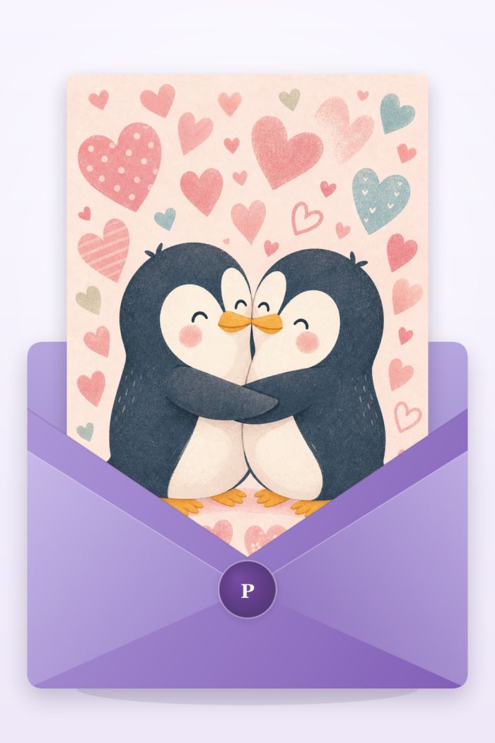 Penguin Embrace — cartoon style anniversary greeting card