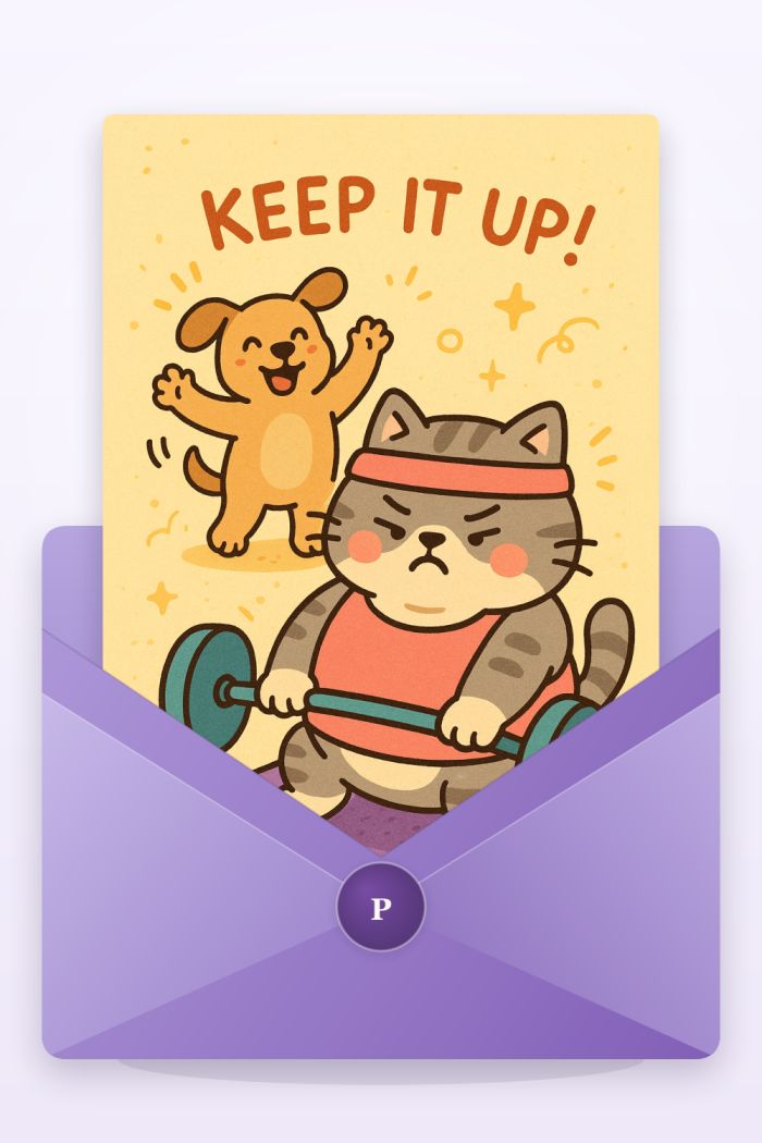 Kitty Lifting — cartoon style congratulations greeting card