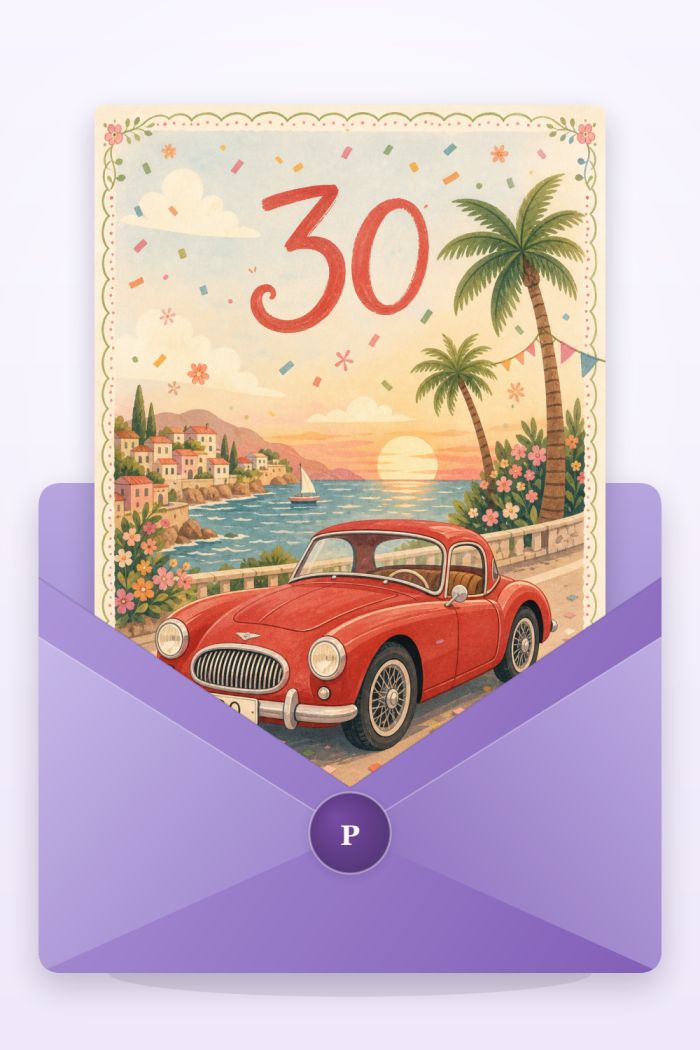 Sunset Drive — cartoon style birthday greeting card