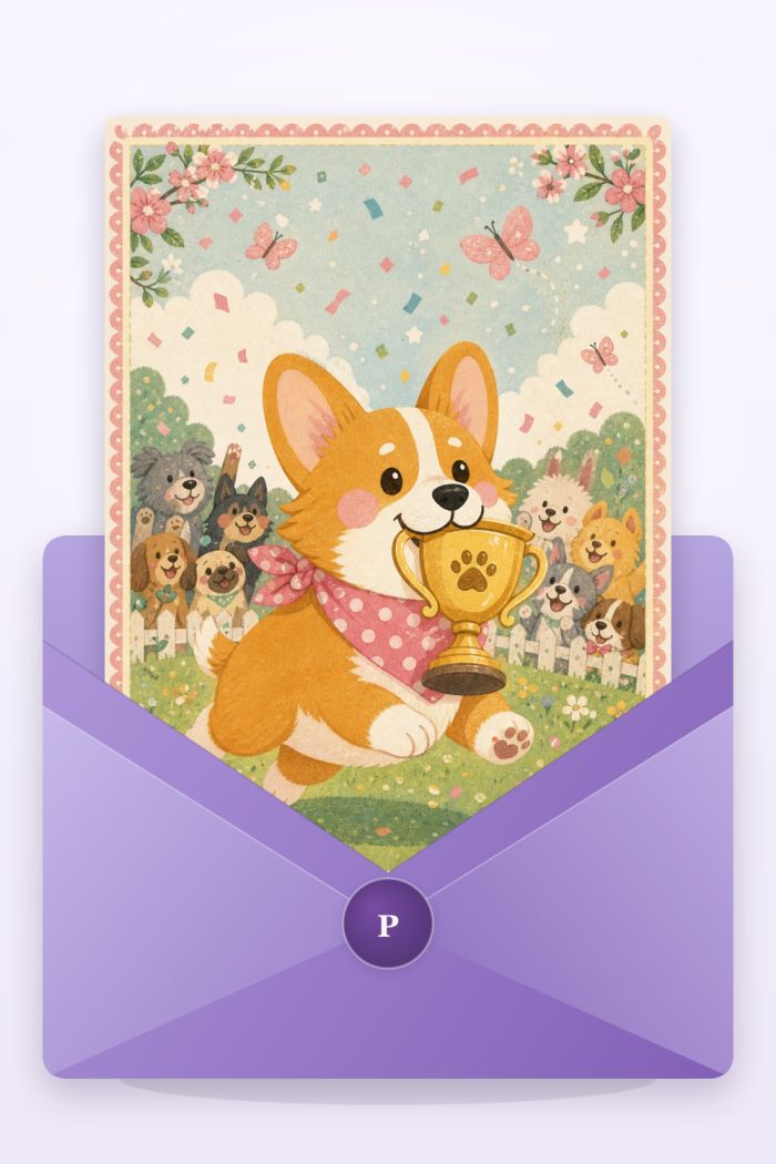 Victory Pup — cartoon style congratulations greeting card
