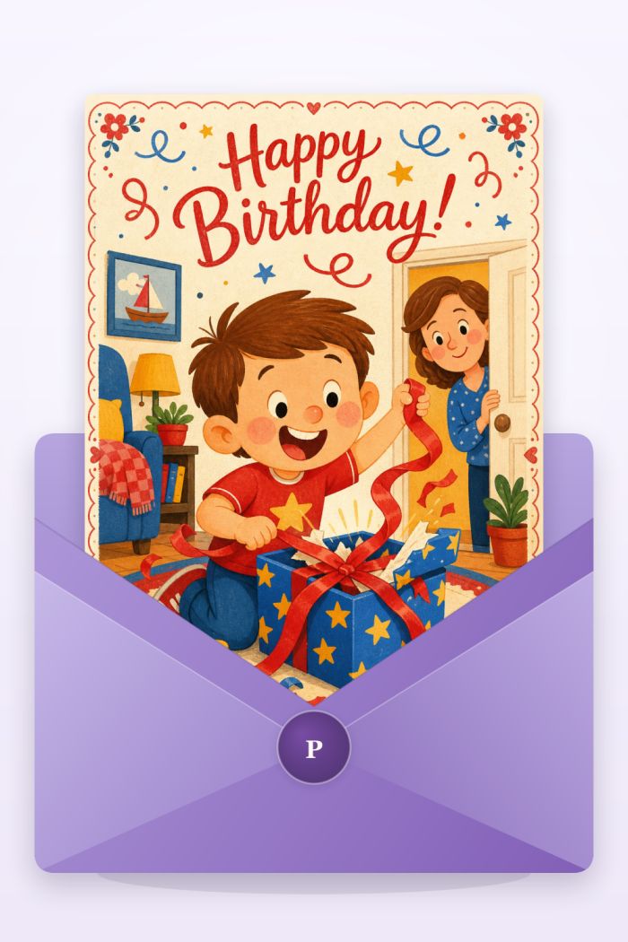 Surprise Present — cartoon style birthday greeting card