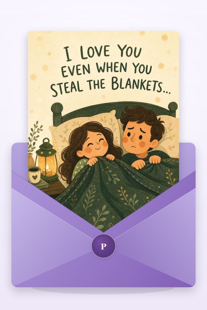 Blanket Thief — cartoon style valentine's day greeting card