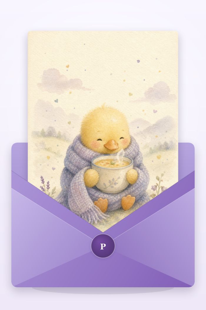 Cozy Duckling — artistic style get well soon greeting card