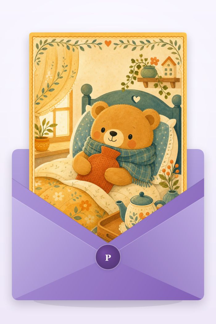 Cozy Comfort — cartoon style get well soon greeting card