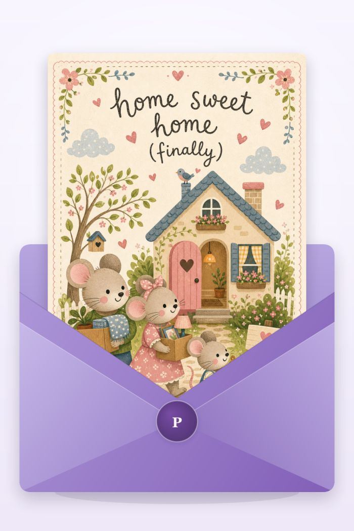 Mouse Moving — cartoon style new home greeting card
