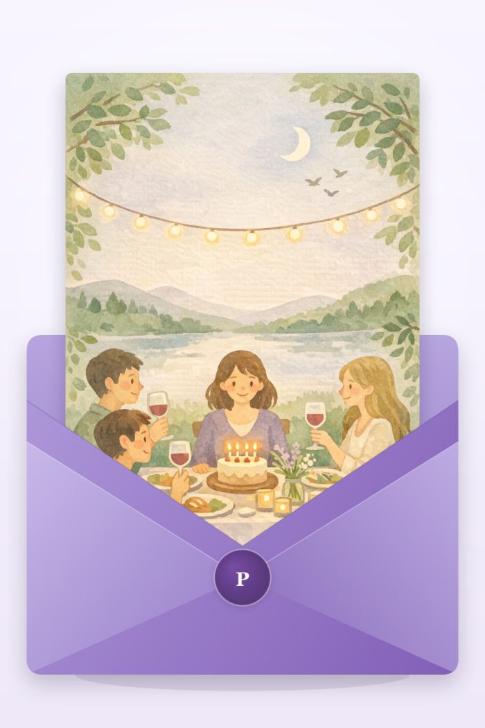 Lakeside Gathering — calm style birthday greeting card