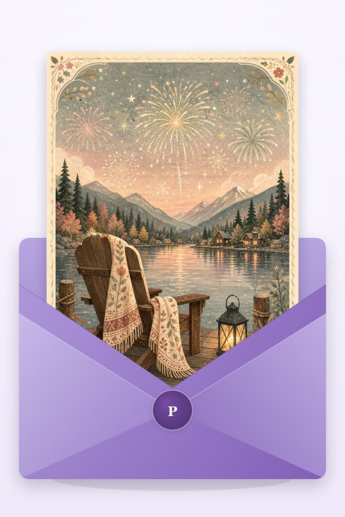 Lakeside Fireworks — artistic style 4th of july greeting card