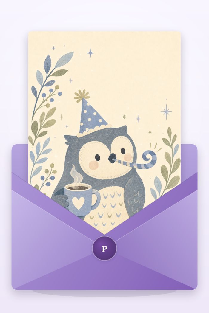 Party Owl — calm style birthday greeting card