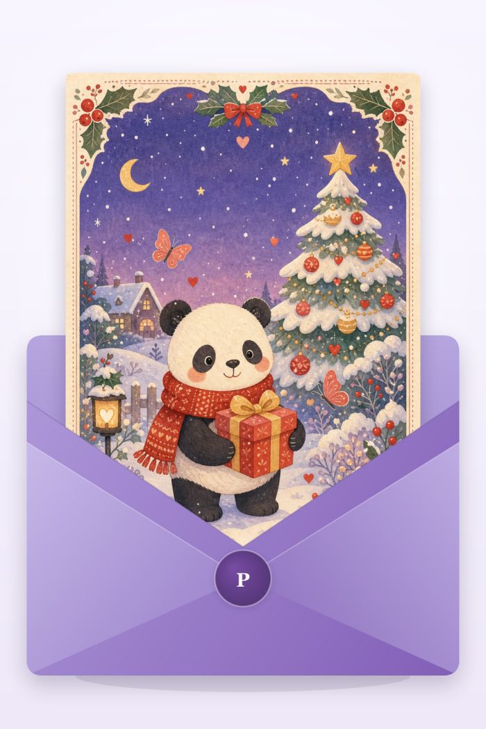 Panda Present — artistic style christmas greeting card