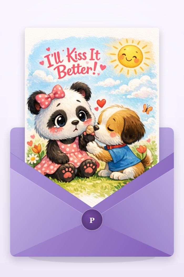 Puppy Kisses — cartoon style get well soon greeting card